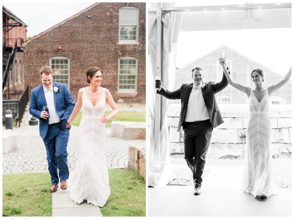 charming summer wedding at the American Civil War Museum and historic tredegar ironworks in richmond by rva and central virginia wedding photographer, sarah & dave photography - couple smiling and with hands raised walking into outdoor wedding reception