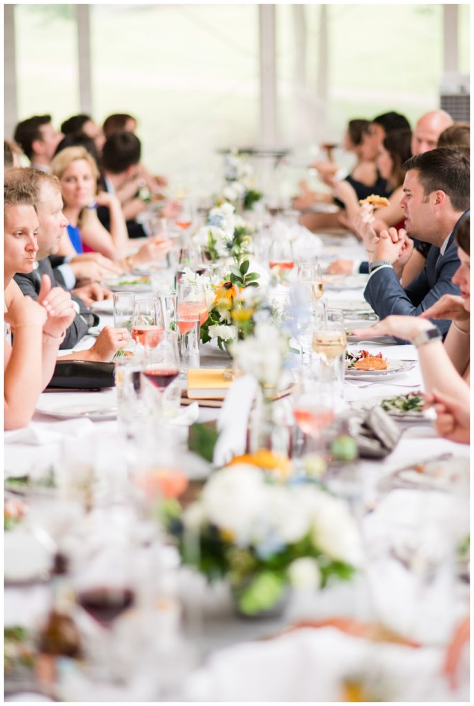 summer wedding at the american civil war museum and historic tredegar in richmond rva virginia by wedding photographer sarah & dave photography - photo of wedding reception - guests, decorations, table setting, catering, etc. banquet table.