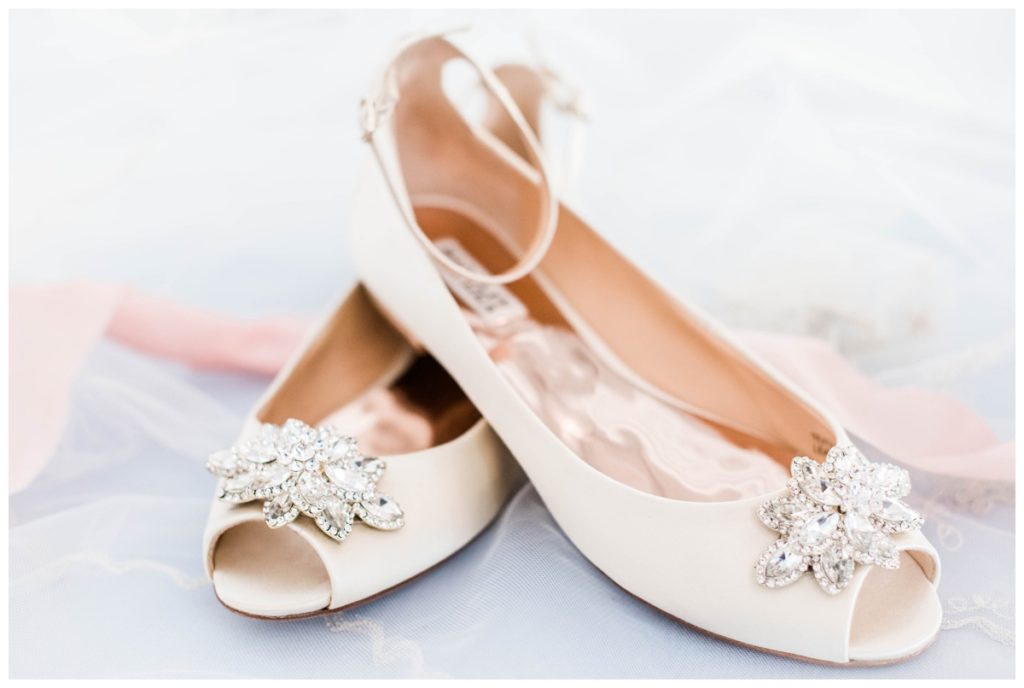 peep toe bridal shoes with jewels and ankle strap - ivory satin and kitten heels