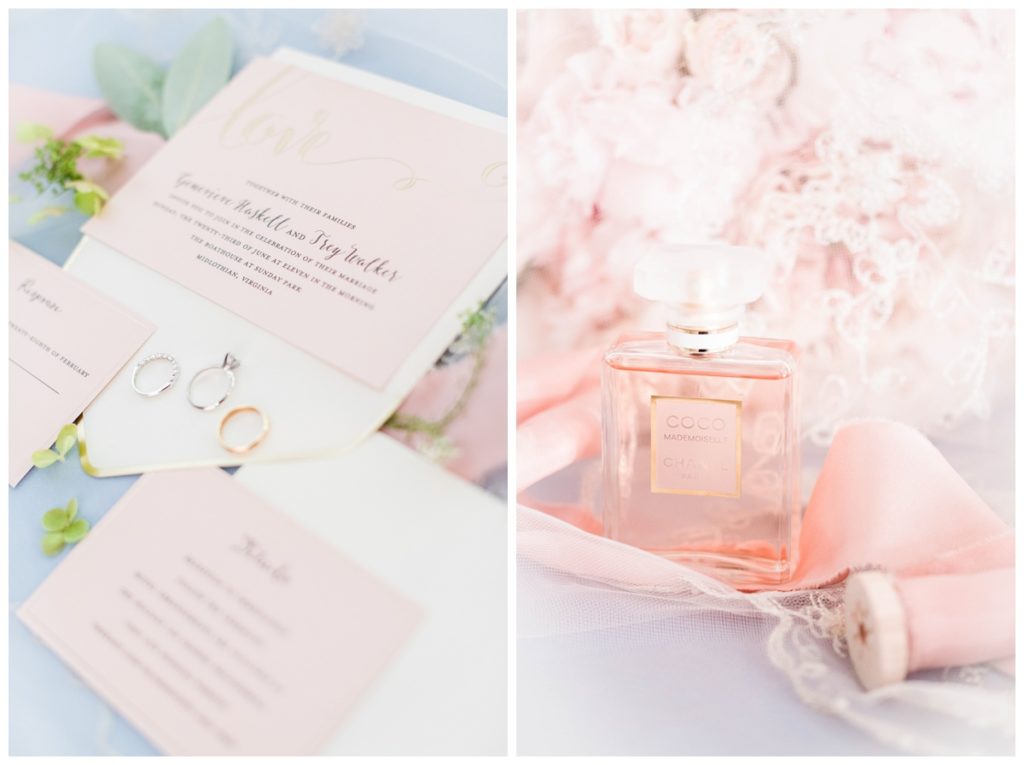 wedding invites and chanel perfume - bridal detail photos at june summer wedding in rva