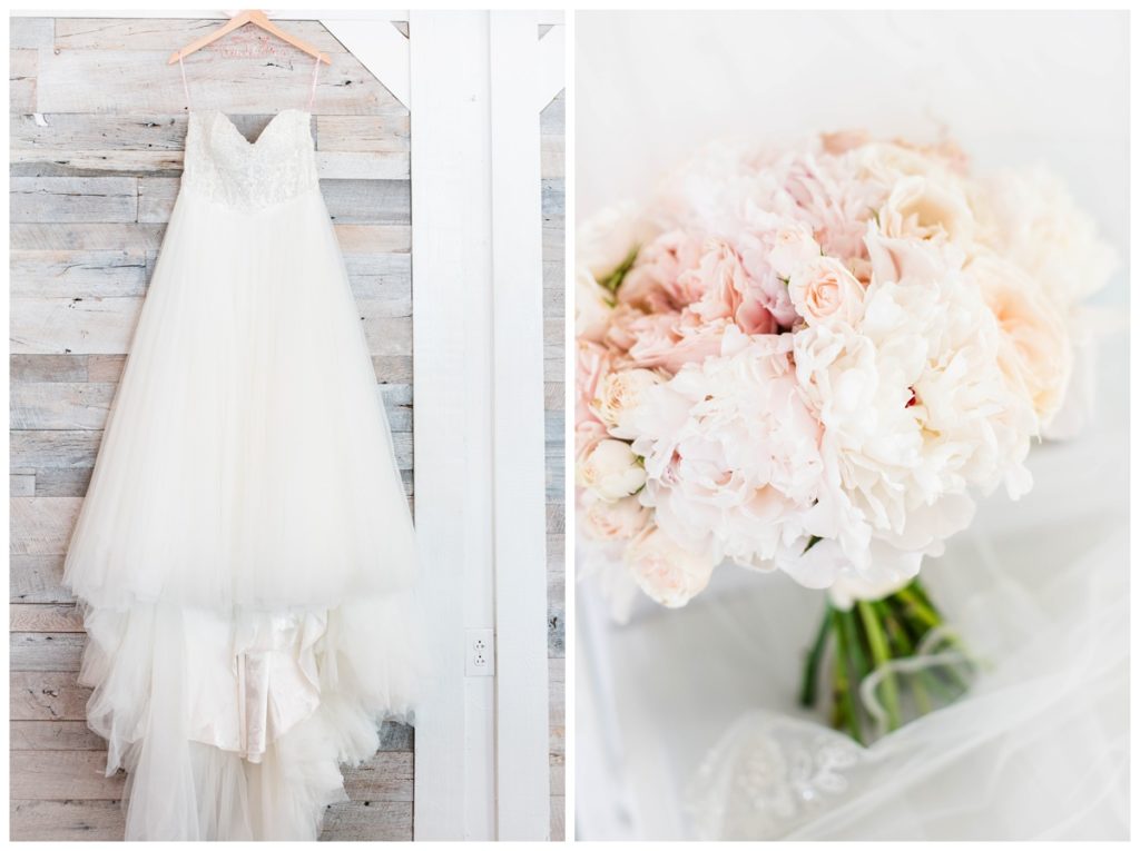 wedding dress with pink straps hanging at the boathouse weddings rva wedding venue and photo of bride's bouquet of light pink florals against veil
