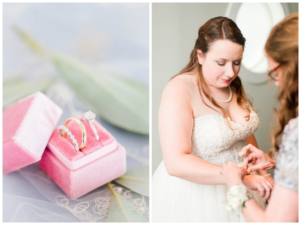 getting ready moments and bridal details photos - pink velvet ring box with leaves and wedding rings, engagement ring trio set and mother of the bride putting jewelery on our richmond bride - we love this moment