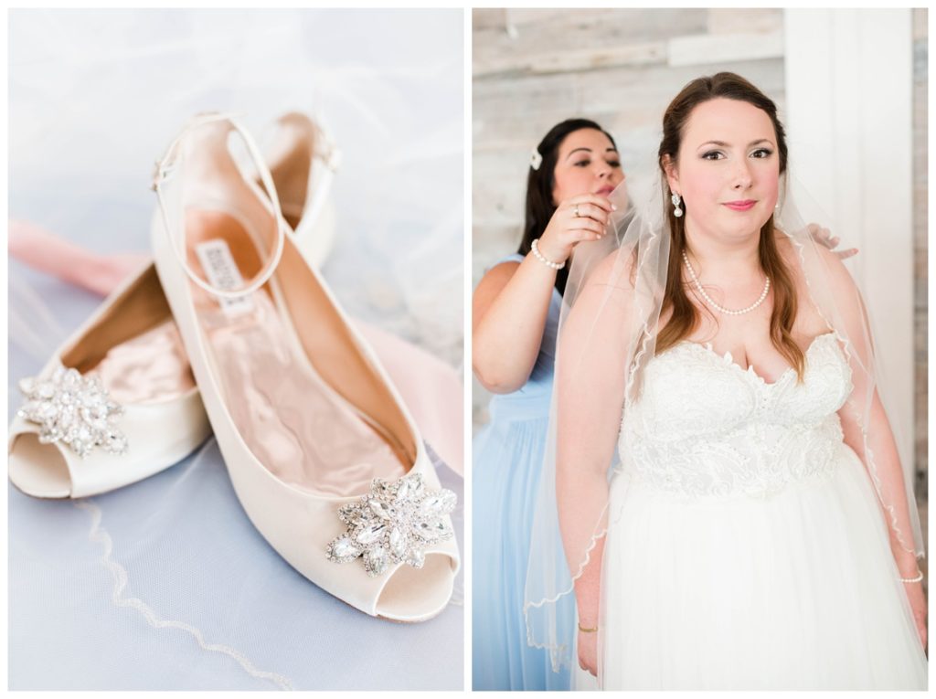 badgley mischka wedding shoes with peep toes, kitten heels, and ankle strap - alongside bride and bridesmaid wearing light blue bridesmaid dress - getting ready moment and detail wedding day photo by richmond wedding photographer Sarah & Dave Photography