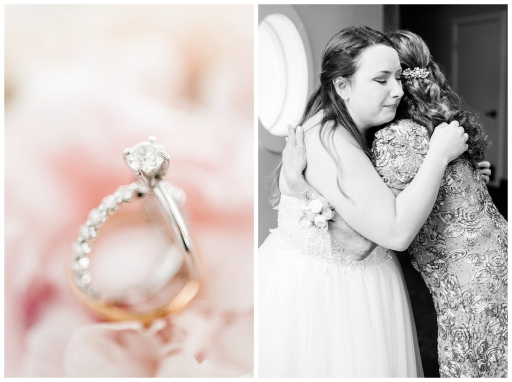 wedding rings against pink flowers and bride hugging her mother - black and white photo