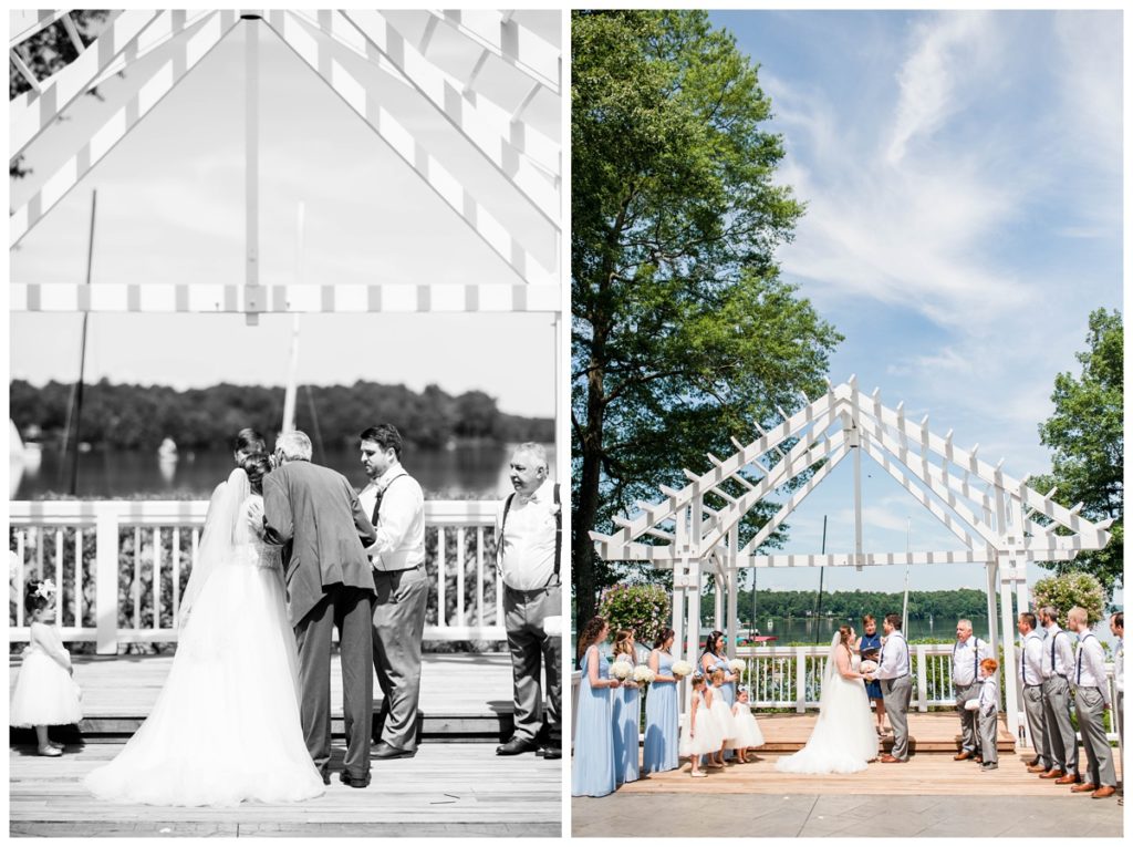 wedding ceremony - waterfront views of sailboats - blue skies - clouds - outdoors ceremony at the boathouse at sunday park