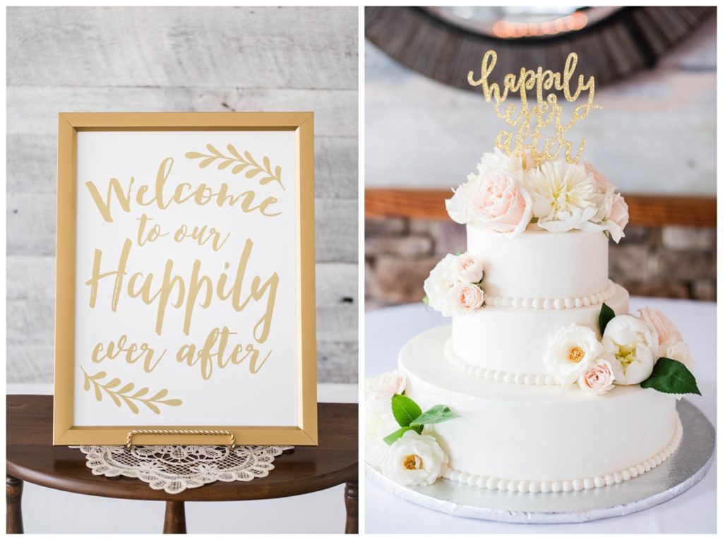 happily ever after wedding sign in gold and wedding cake topper - rva wedding cake bakery and wedding venue at the boathouse weddings by rva wedding photographer sarah & dave photography