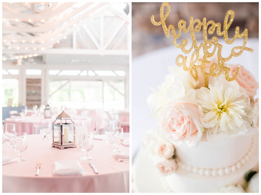 fairy tale inspired wedding story book wedding gold happily ever after wedding cake topper and light pink wedding reception theme decorations at the boathouse at sunday park in the summer by richmond wedding photographer sarah & dave photography