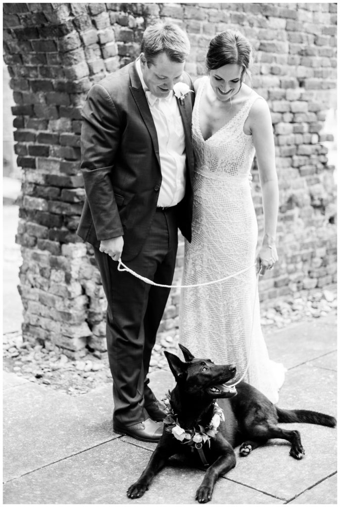 fun - yet formal portraits at brown's island in richmond va with rva couple in june and their cute dog with its cute little puppy floral crown necklace collar