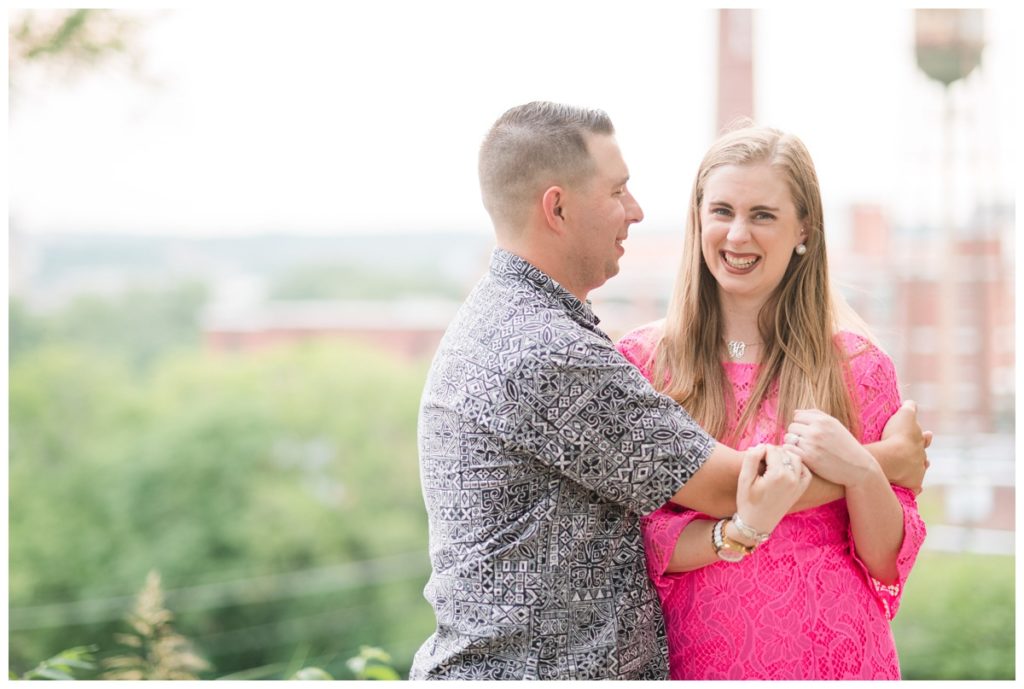 church hill engagement photos - colorful - light - bright - with anna and matt - in richmond - virginia - rva - views of shockoe bottom, water tower, main street, and the james river - by wedding photographers Sarah & Dave Photography