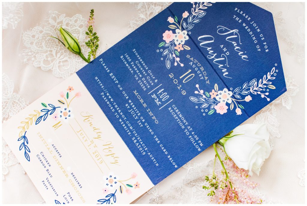 pink and blue indigo floral wedding invitations with flowers and gold boho eclectice chic charming illustration design
