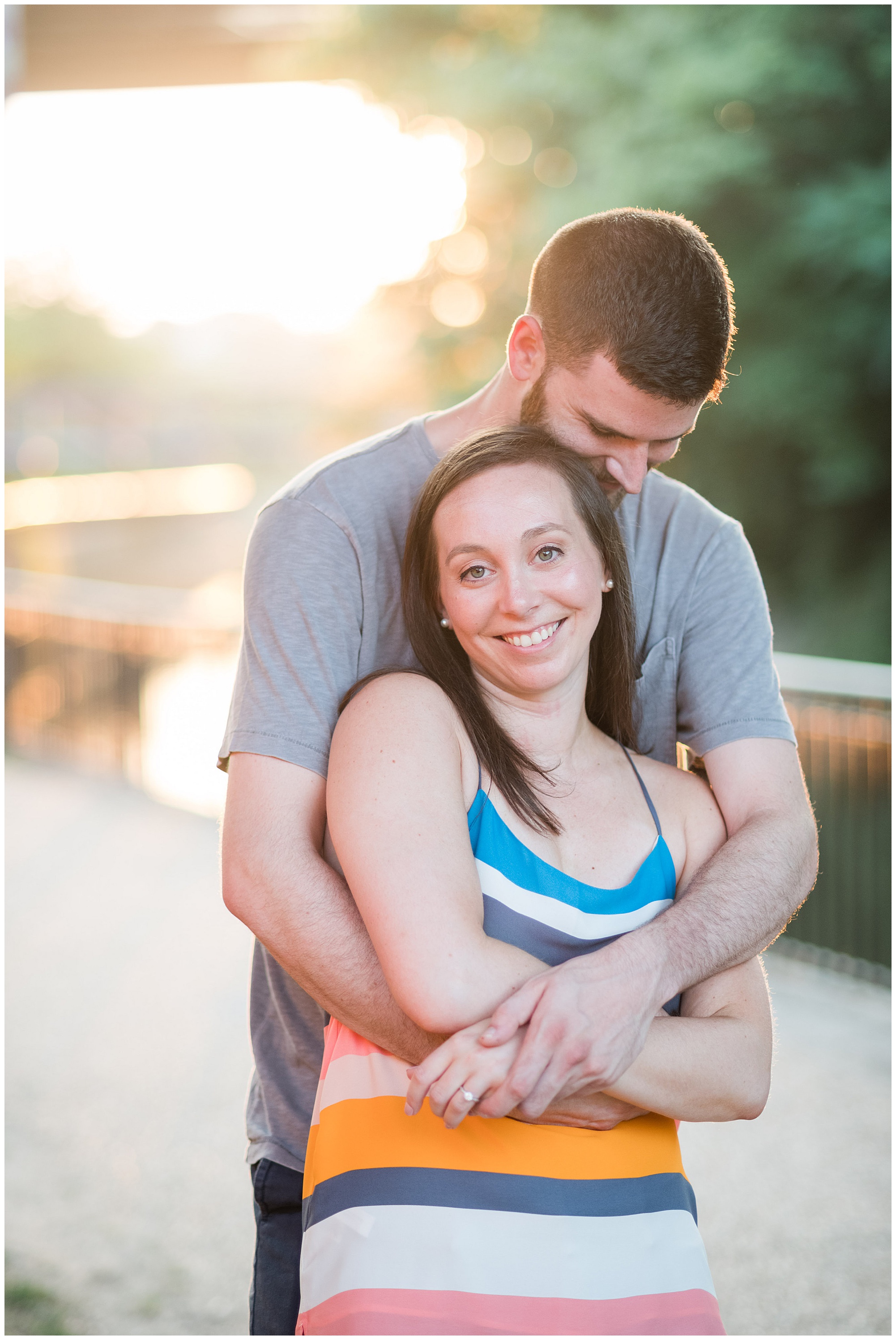 perfect golden hour sunset engagement session at canal walk in richmond virginia in the spring in may