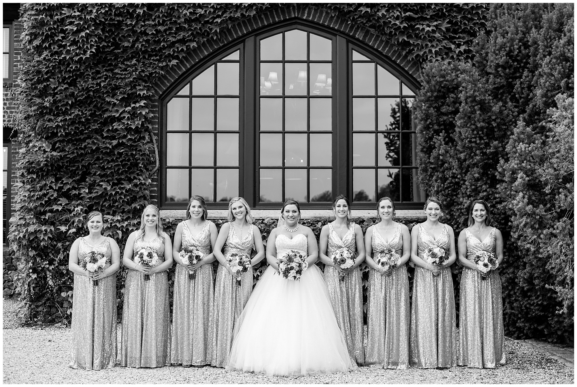 bride and bridesmaids wedding party photo at dover hall richmond rva in september fall