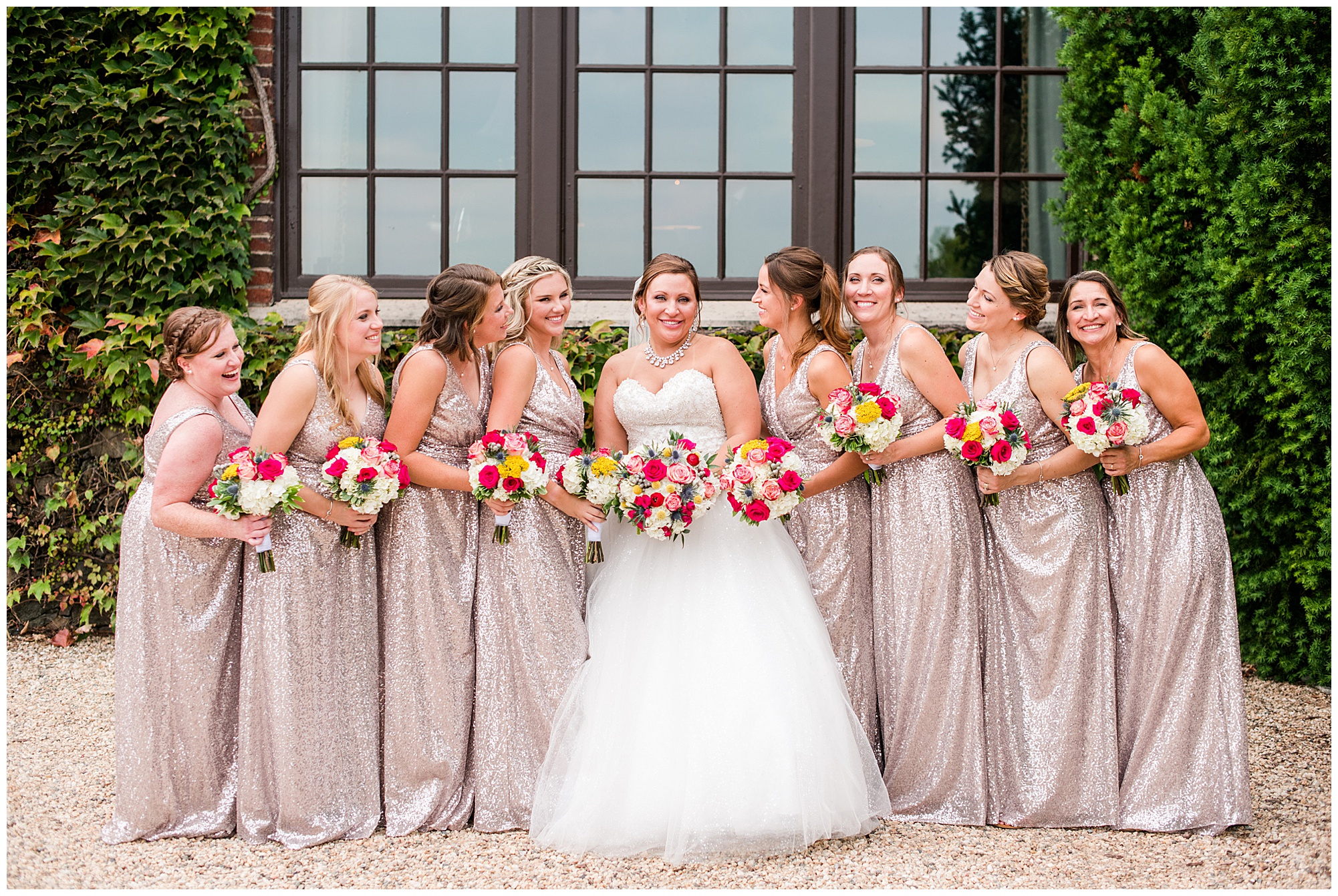 bride and bridesmaids wedding party photo at dover hall richmond rva in september fall