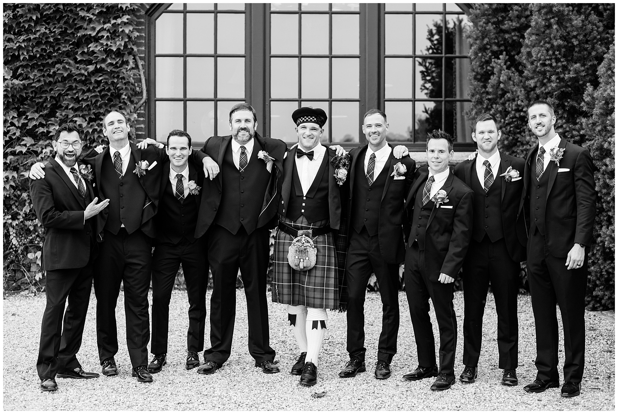 photo of groom and groomsmen at dover hall. fall wedding in rva in september. kilt. tartan. scottish heritage tradition. scotland. 