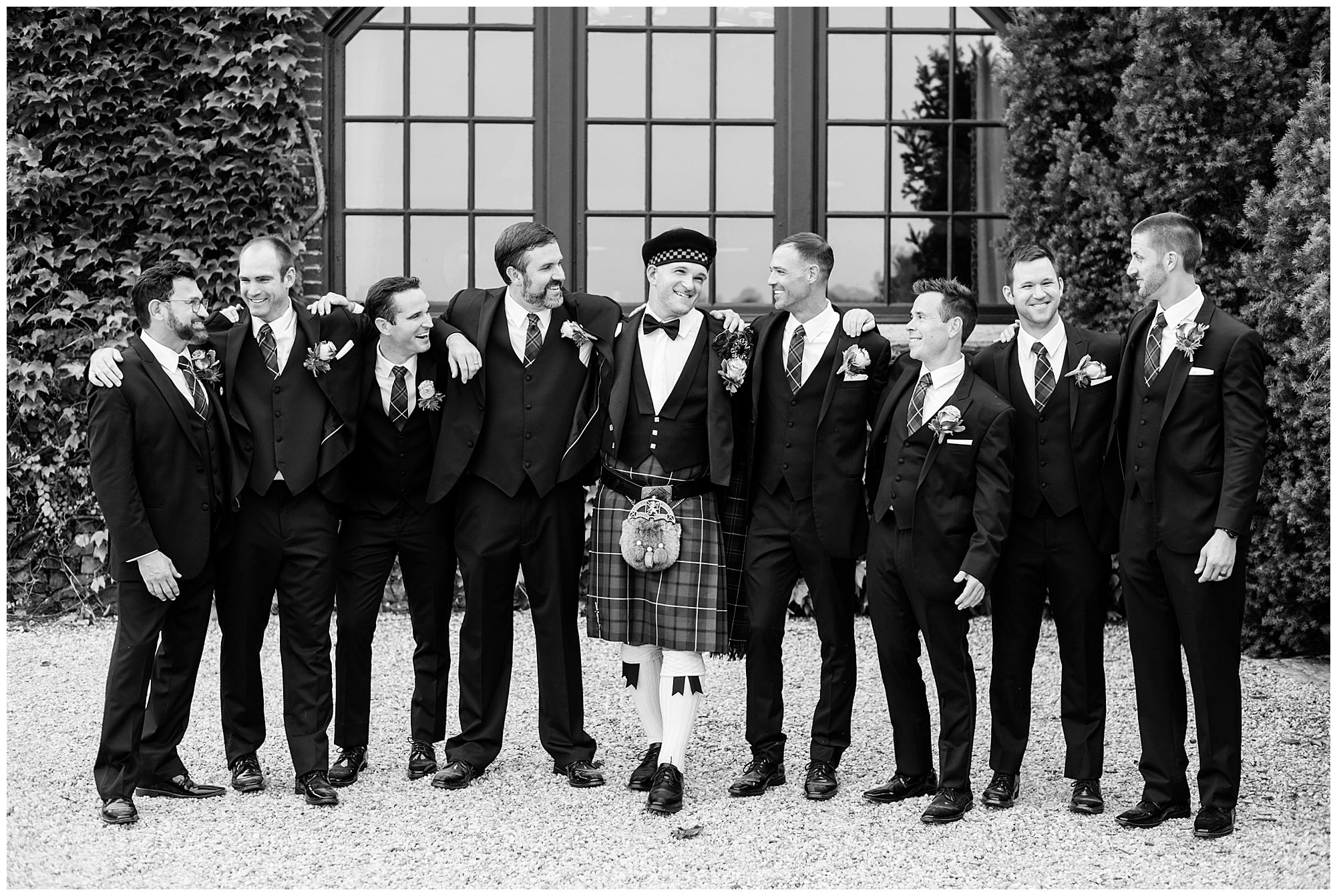 photo of groom and groomsmen at dover hall. fall wedding in rva in september. kilt. tartan. scottish heritage tradition. scotland. by richmond rva virginia wedding photographer, Sarah & Dave Photography