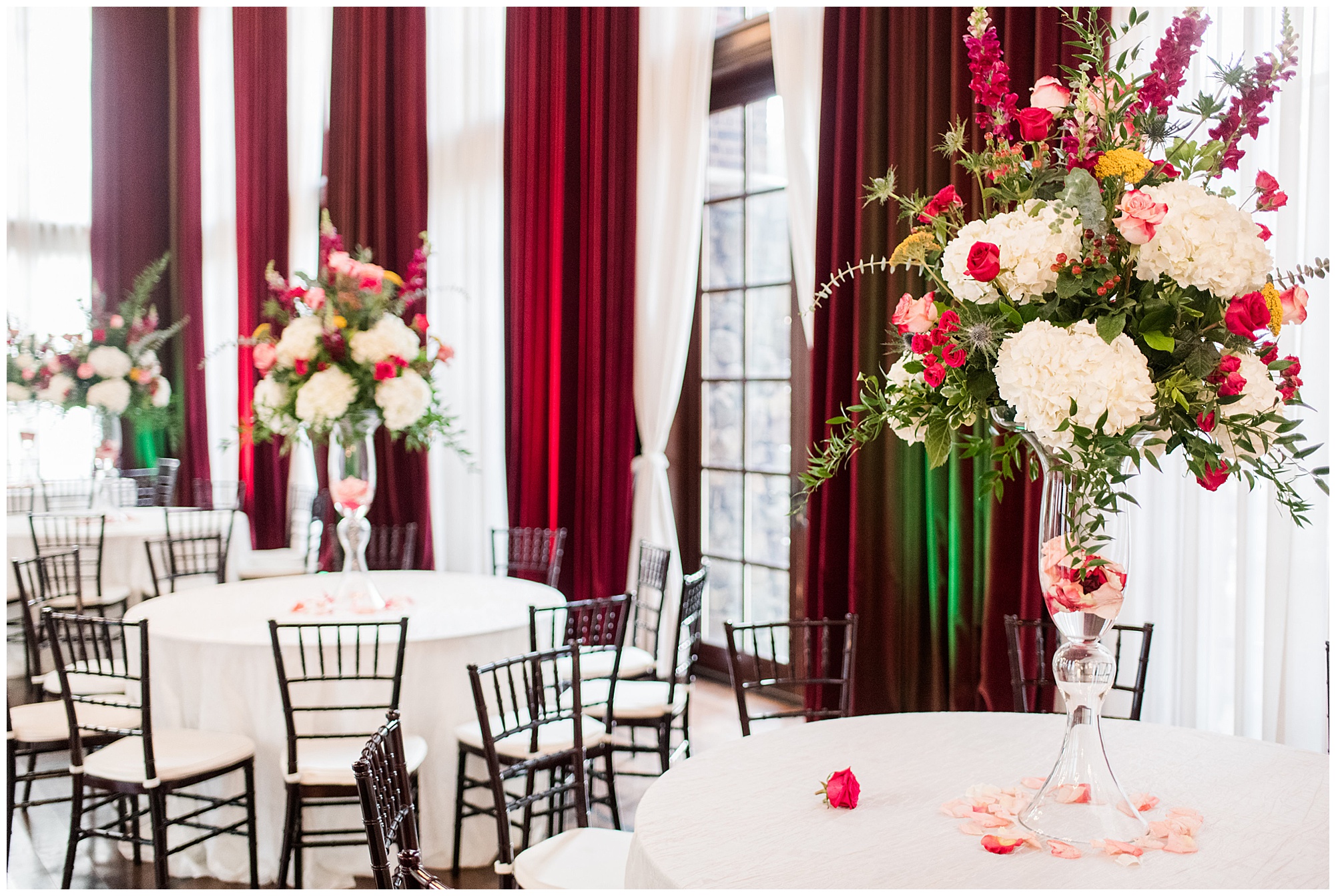 dover hall wedding reception decor. classy. colorful. pink.