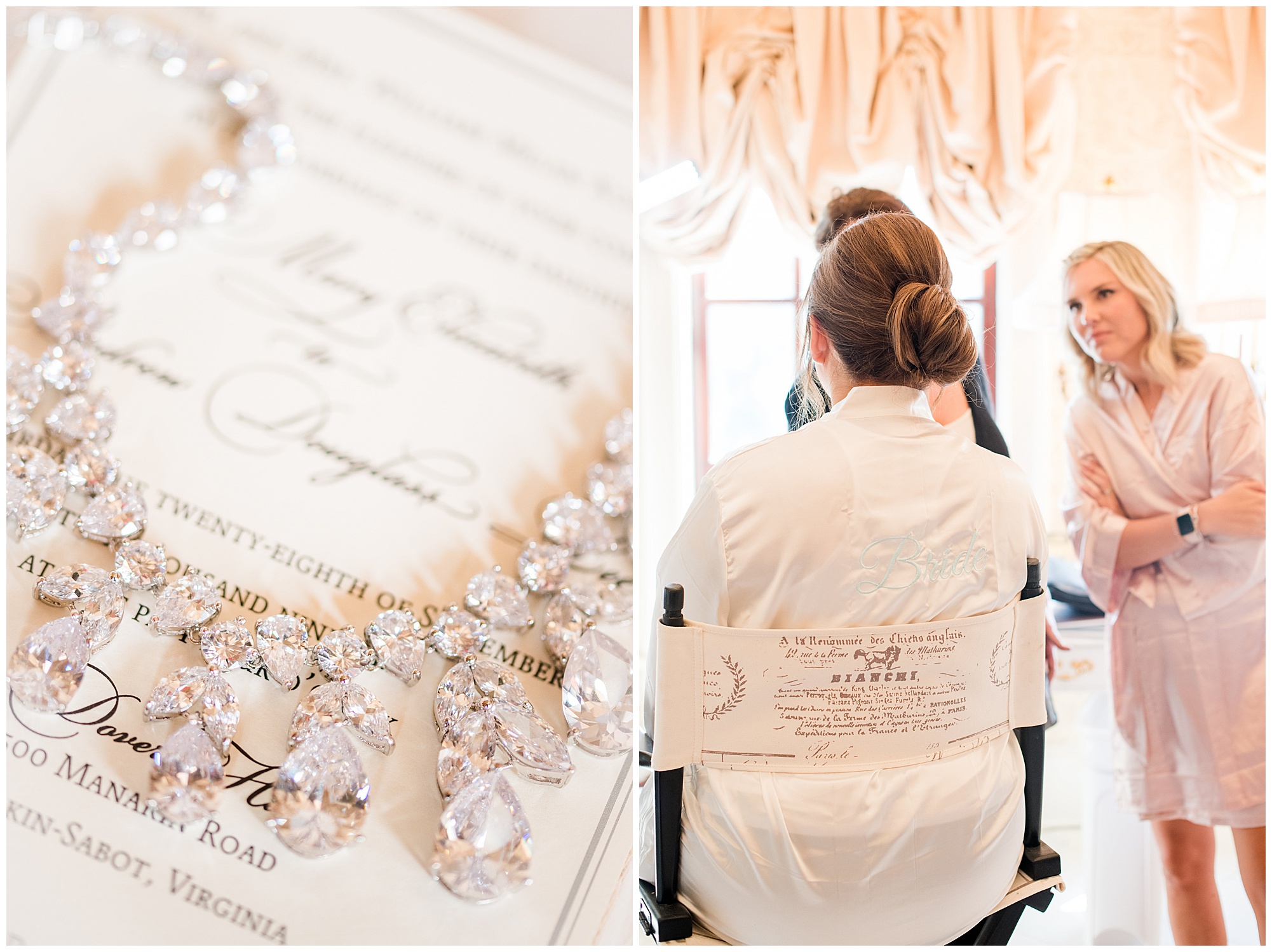 getting ready moment of our rva bride at dover hall beside a photo of her diamond necklace jewelry on cream wedding invitations. by richmond wedding photographer Sarah & Dave Photography