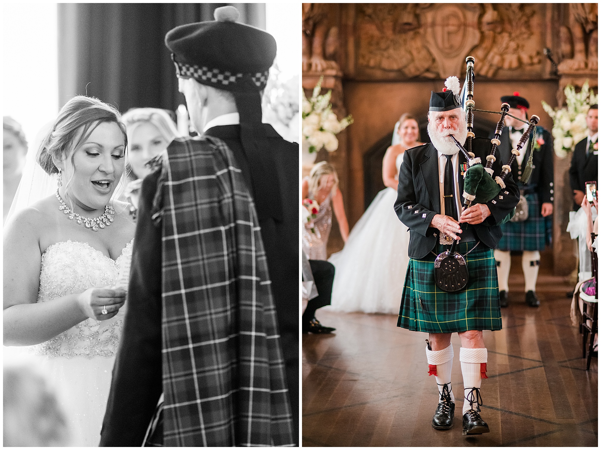 ceremony photo. bride and groom holding hands. groom is wearing kilt and tartan. bride is wearing princess cut ballgown wedding dress that is sparkly. dover hall estate ballroom venue is in the backdrop. by richmond wedding photographer, Sarah & Dave Photography