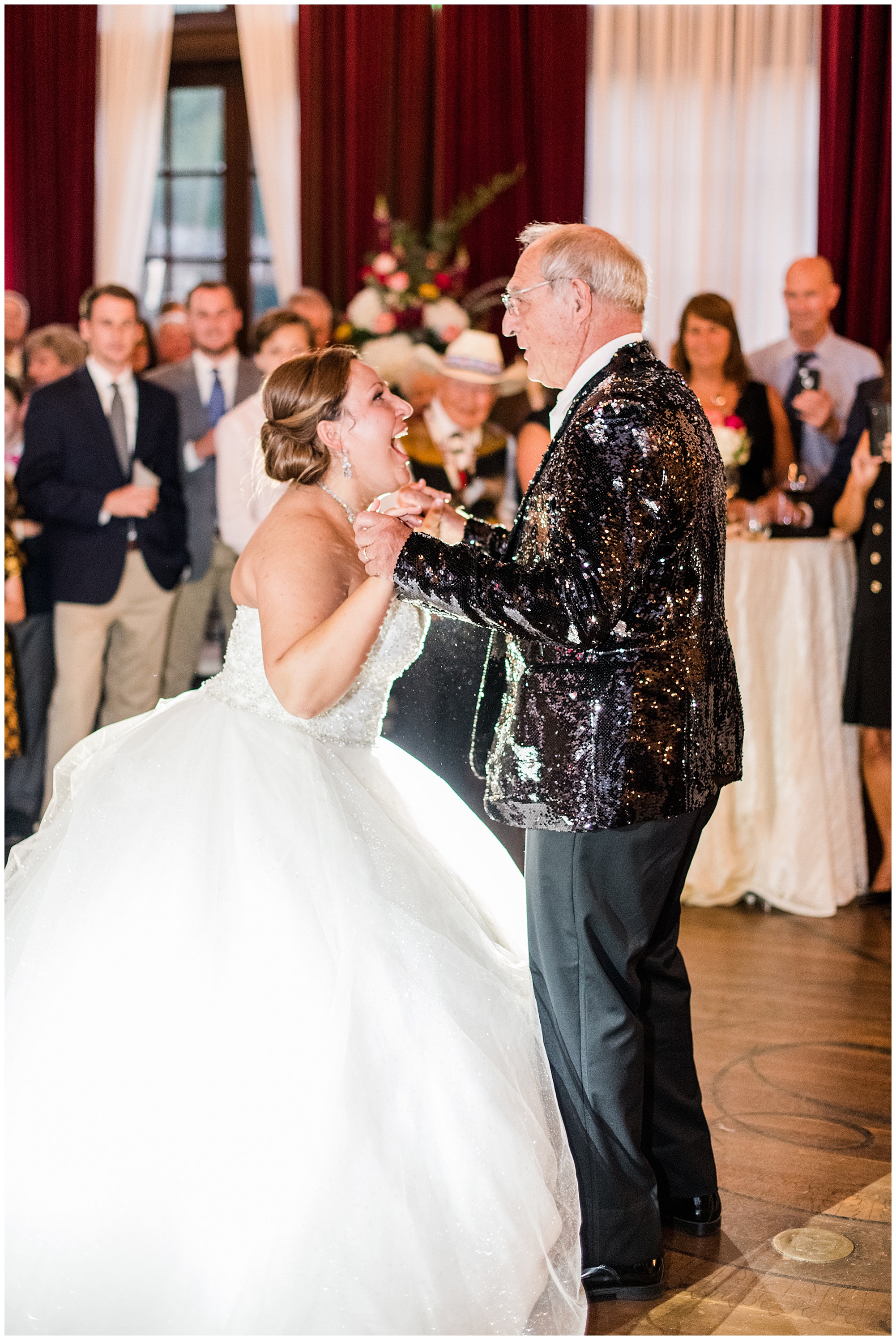 indoor reception at dover hall estate ballroom. father daughter dance. by rva wedding photographer, sarah & dave photography