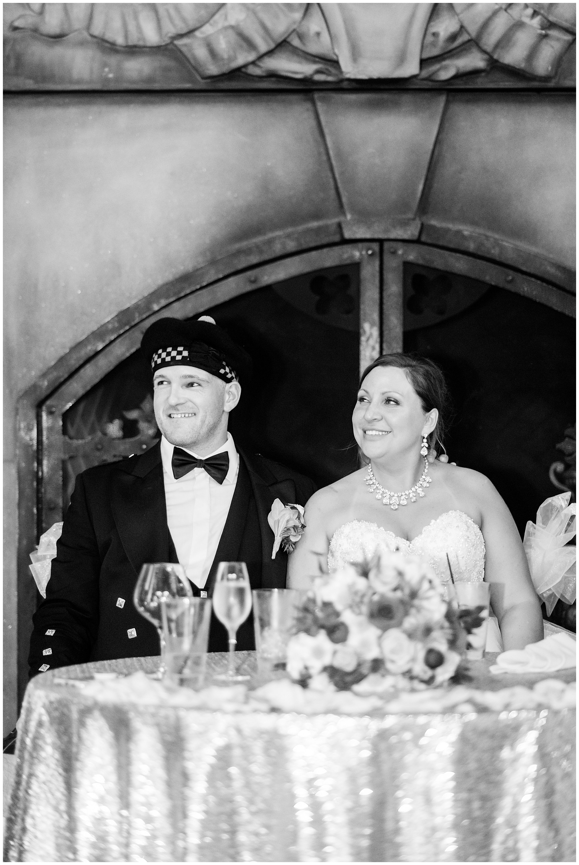 indoor reception at dover hall estate ballroom. speech. bride and groom looking and smiling. by rva wedding photographer, sarah & dave photography