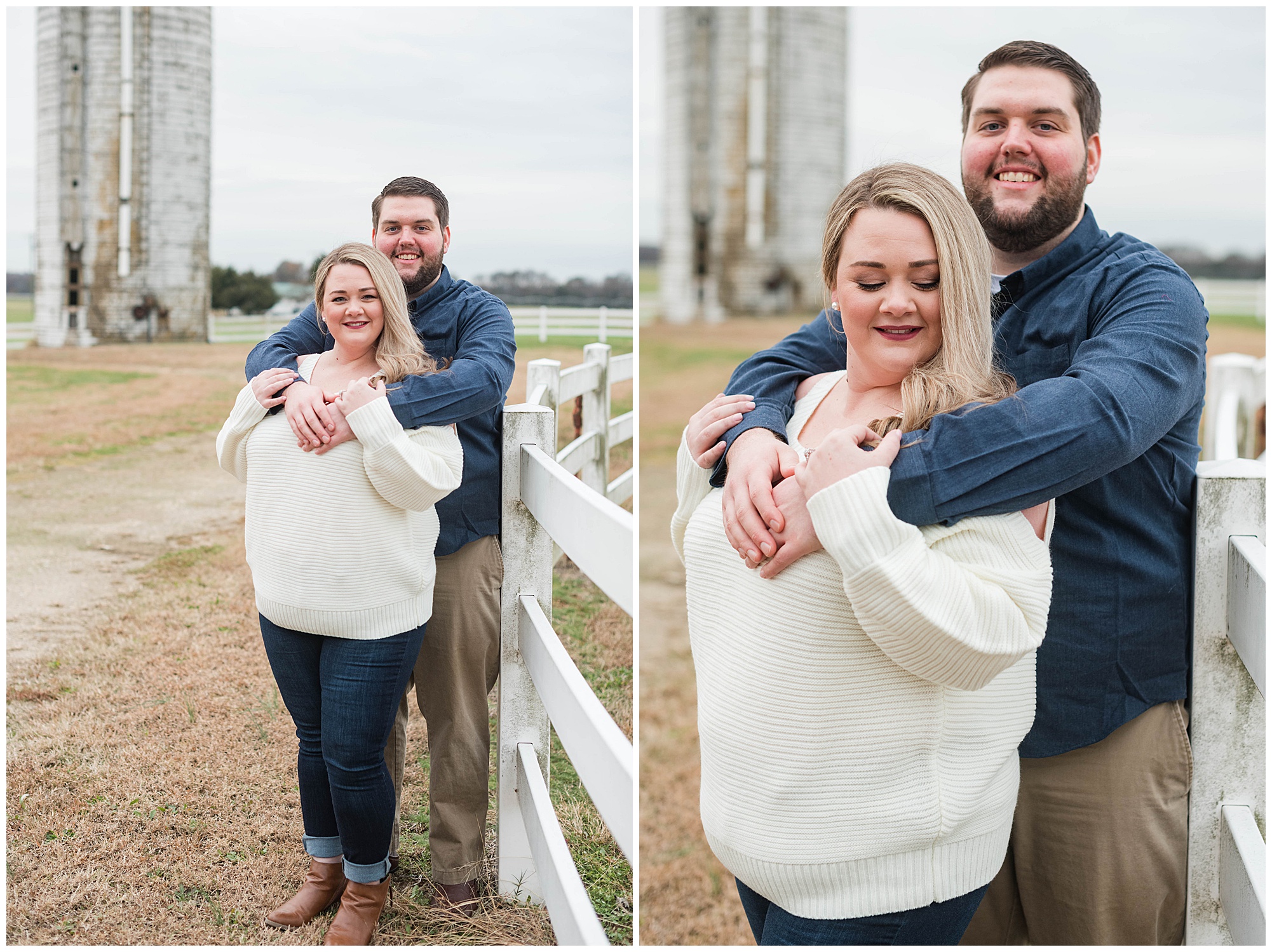 hollyfield manor engagement photos in manquin virginia. in the fall. in november. by rva wedding photographer, sarah & dave photography. photo in front of the silo and white fence. swoon!