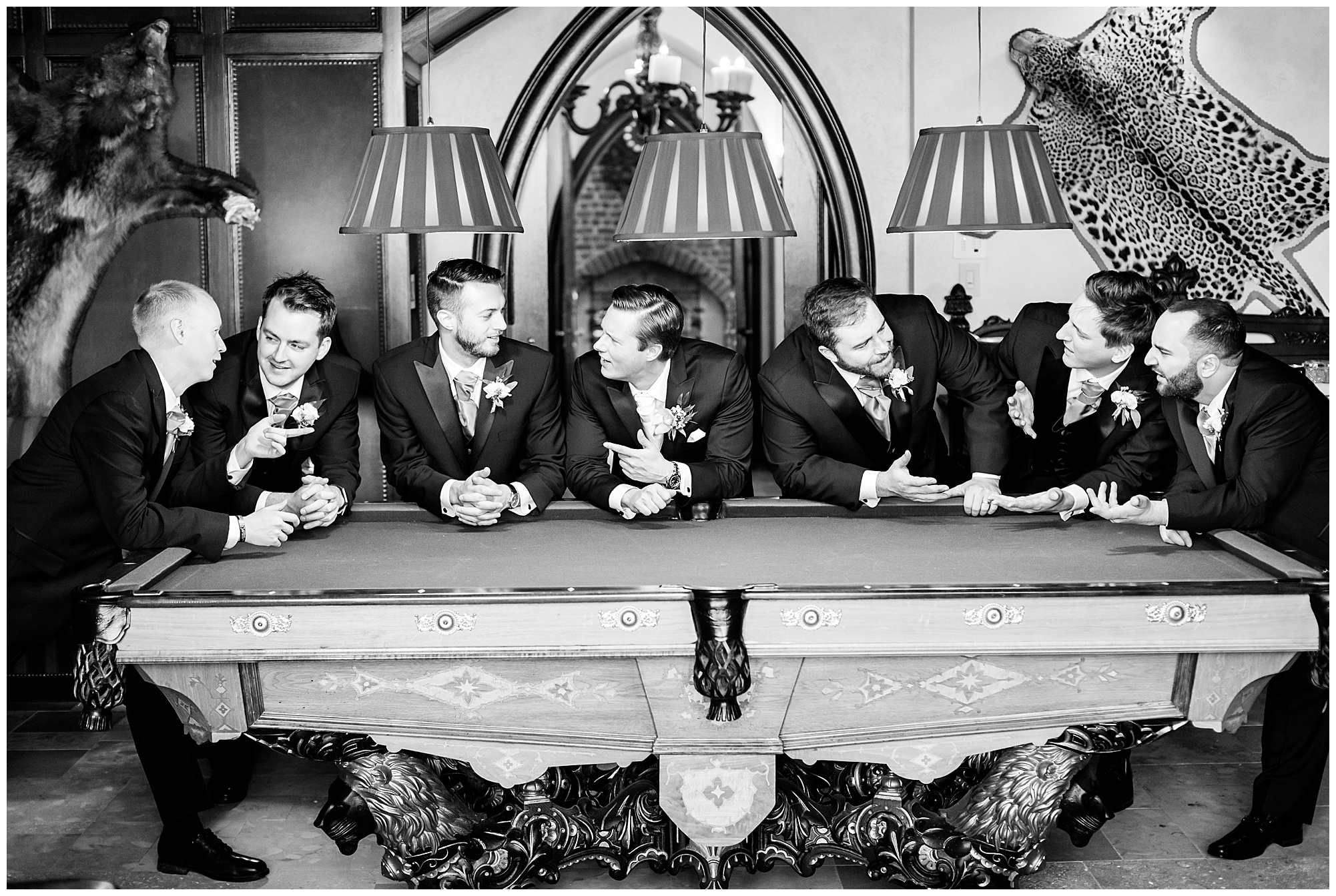 groom and wedding party in the billiards room at dover hall estate for january wedding. by richmond rva wedding photographer, sarah & dave photography.