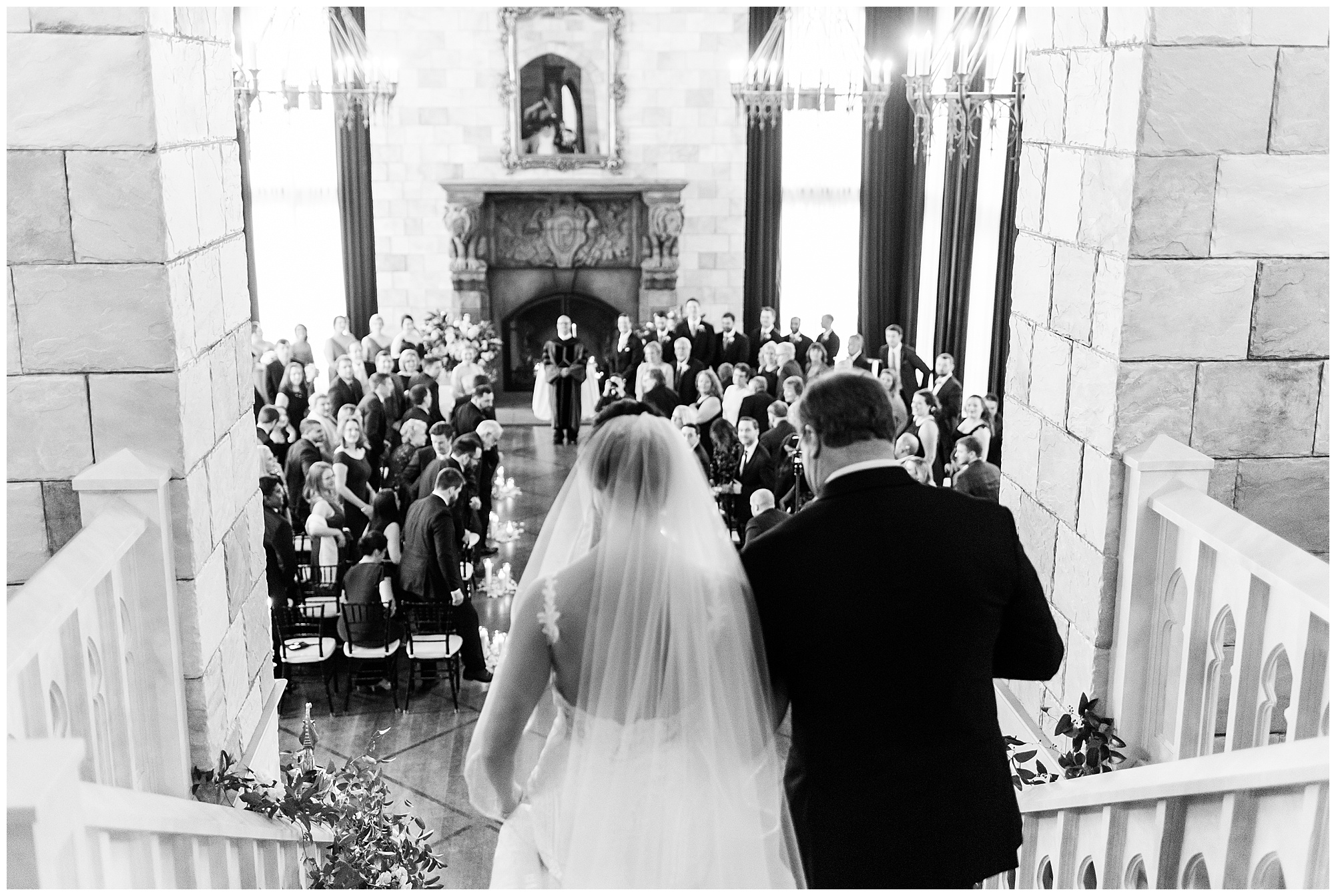 wedding ceremony in the ballroom at dover hall. walking down the aisle. by richmond rva wedding photographer, sarah & dave photography.