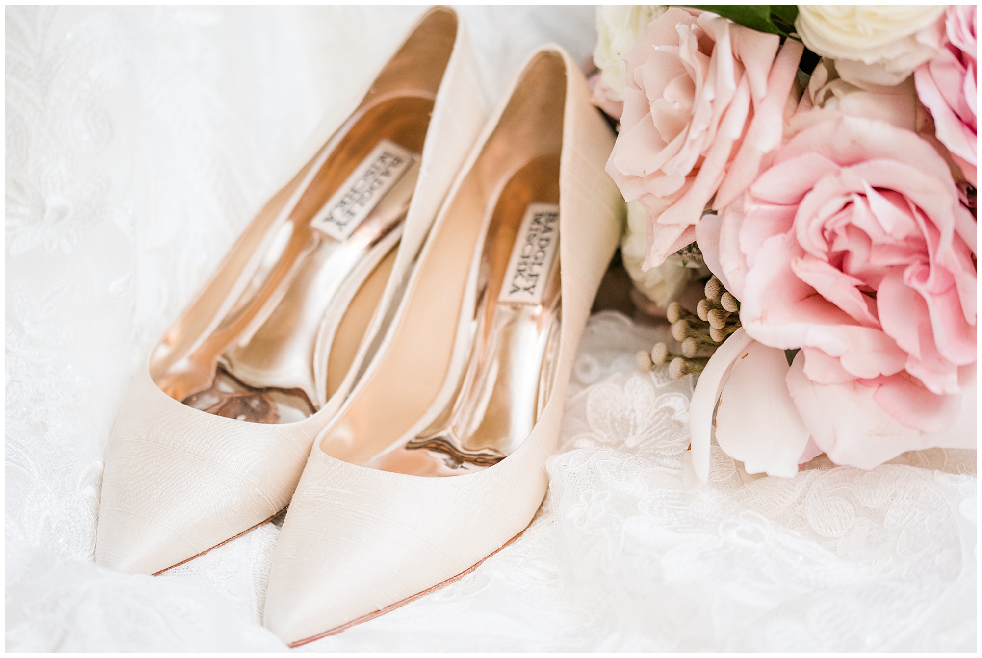 badgley mischka wedding heels in white. closed toe. with pink roses and rose petals. prewedding day detail photo. by richmond va wedding photographer, sarah & dave photography