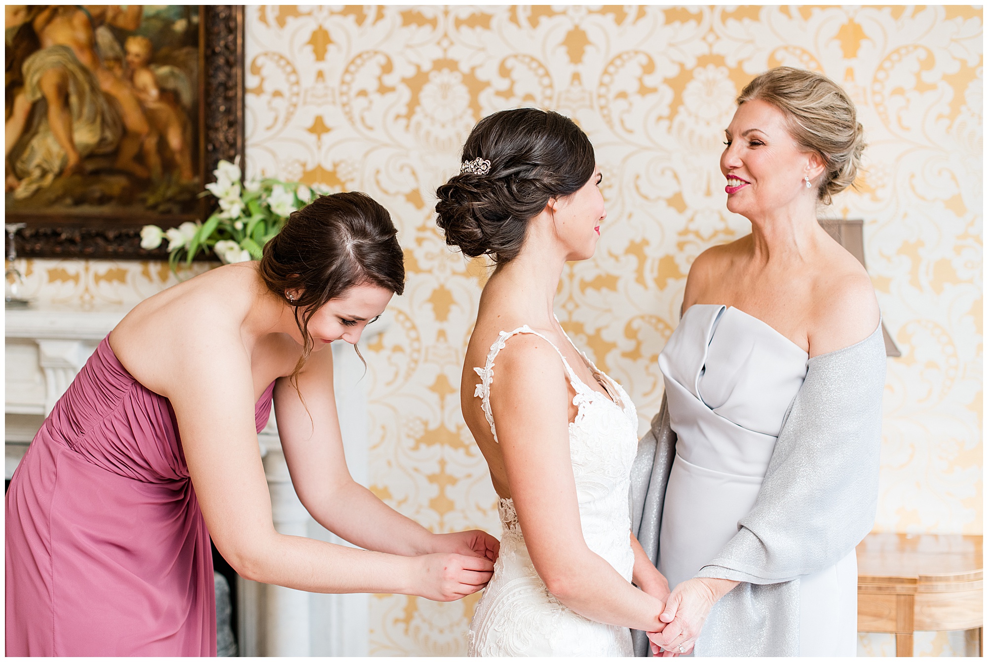 bride getting ready with mom and bridesmaid in bridal suite at dover hall estate. prewedding day detail photo. by richmond va wedding photographer, sarah & dave photography