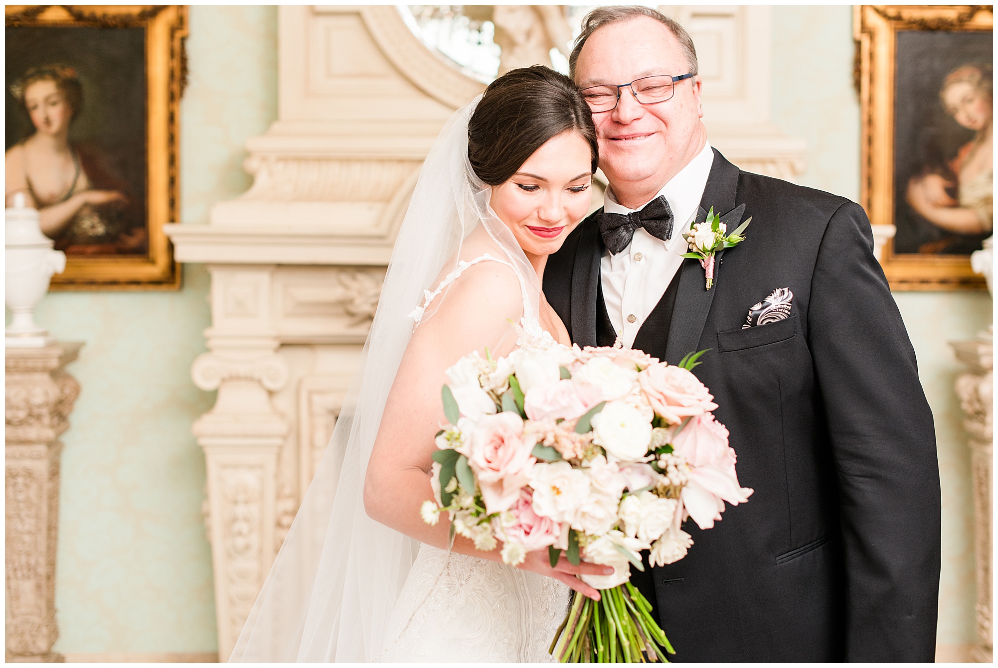 bride hugging parent dad in bridal suite at dover hall estate. prewedding day detail photo. by richmond va wedding photographer, sarah & dave photography