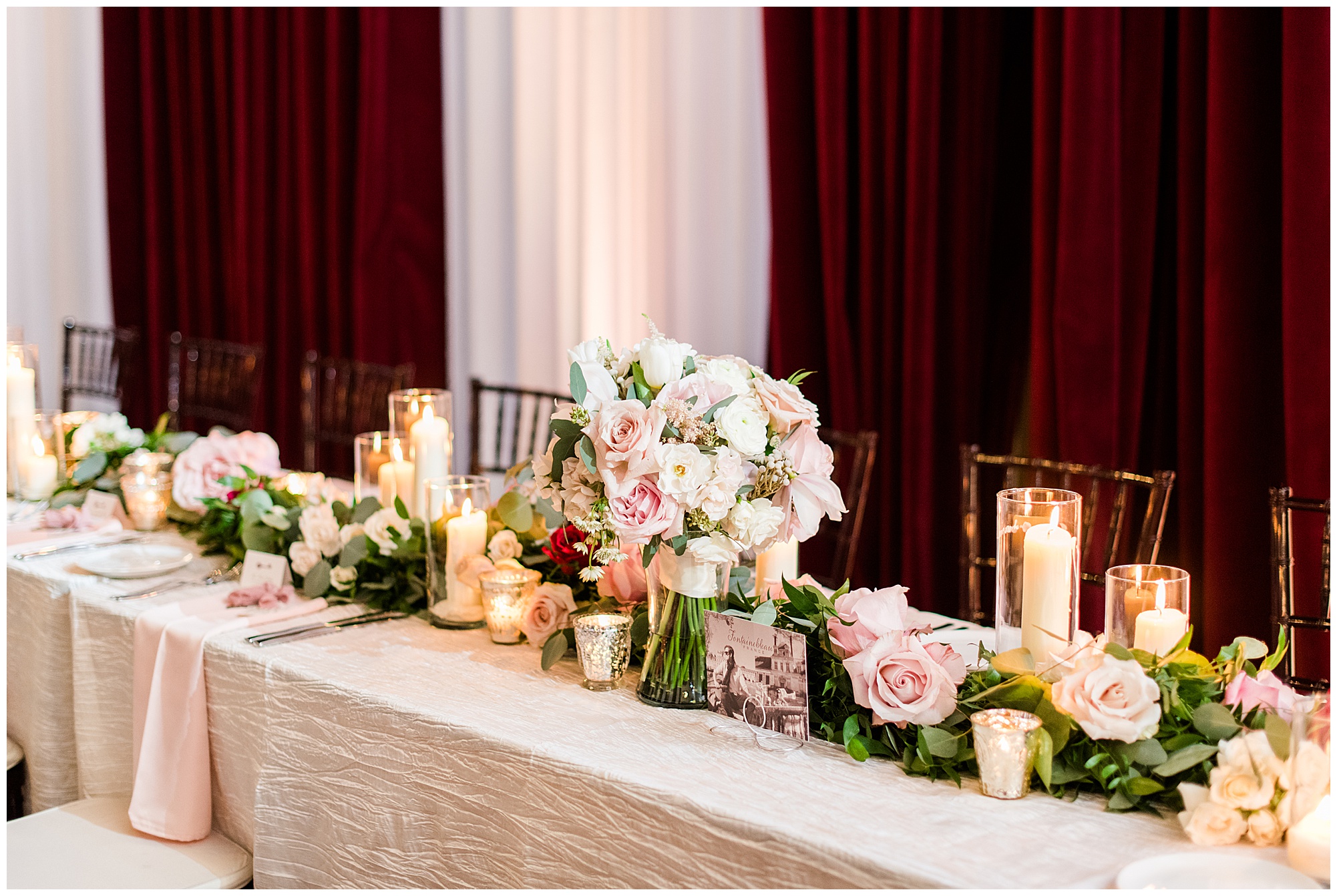 fairytale wedding theme. disney wedding theme. pink and cream. banquet table. by rva wedding photographer, sarah & dave photography.