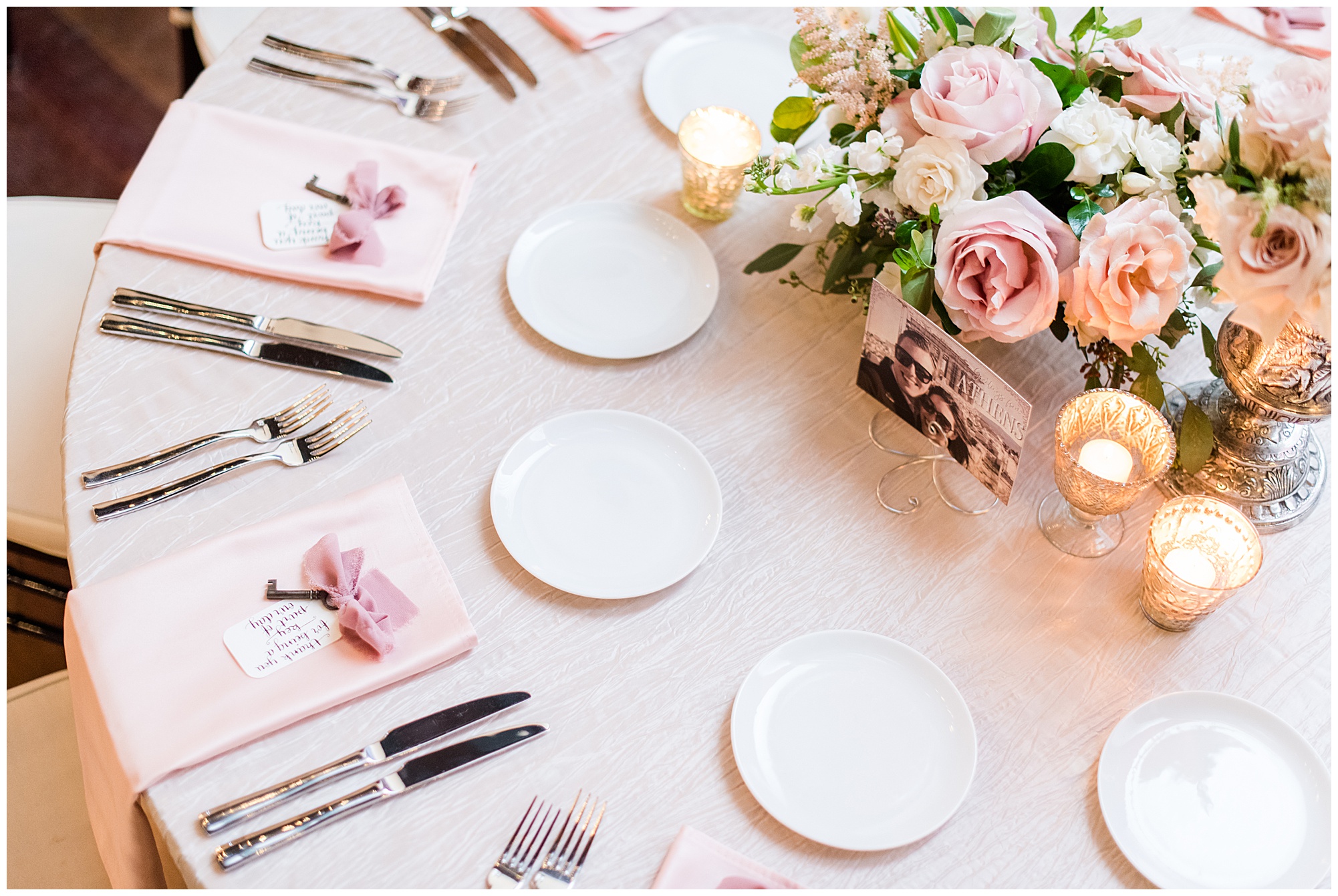 romantic dover hall wedding in january. by richmond rva wedding photographer, sarah & dave photography. pink rose and vintage key name cards. tablescape. table setting.