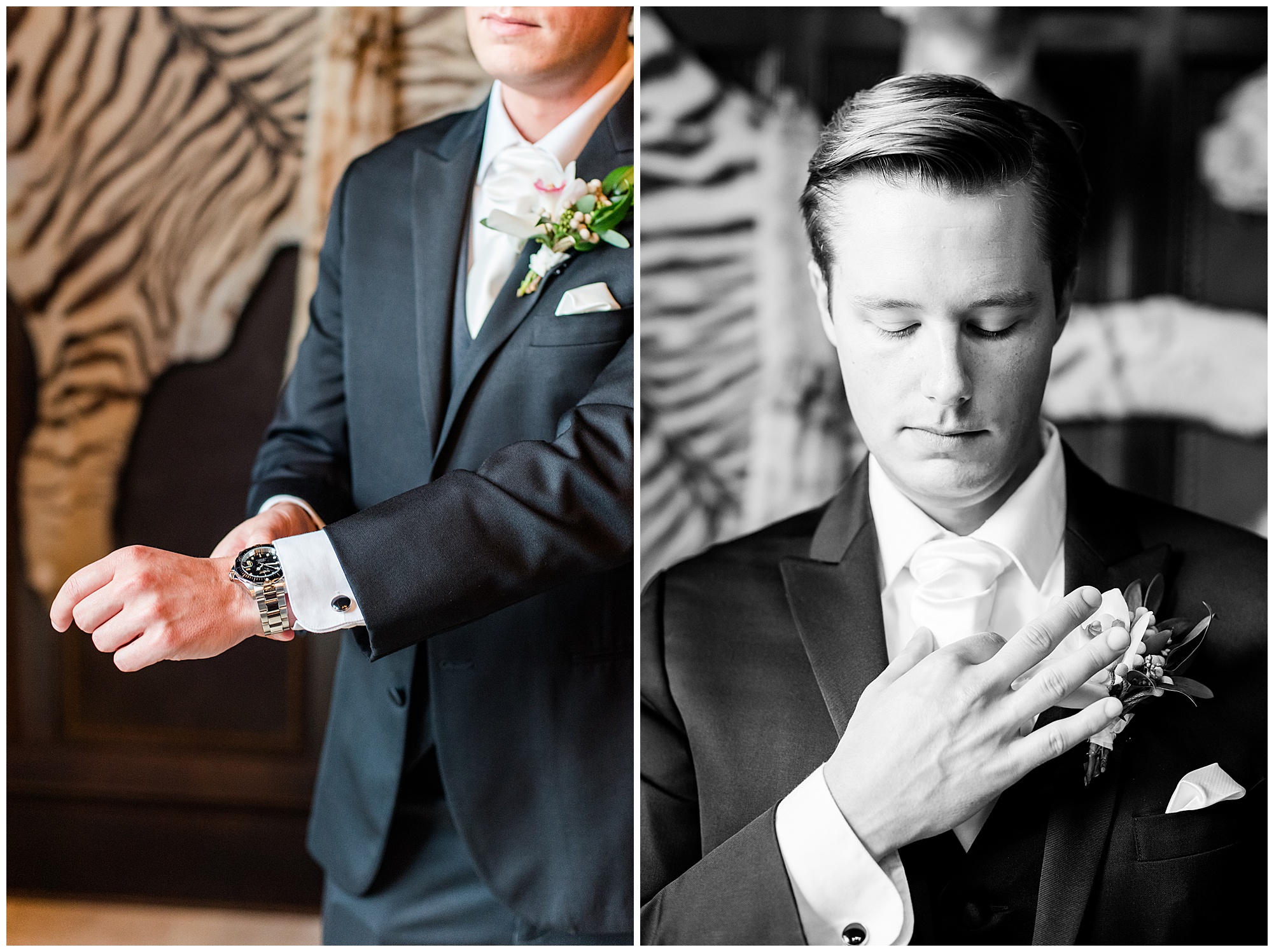 groom getting ready in the billiards room at dover hall estate for january wedding. by richmond rva wedding photographer, sarah & dave photography.