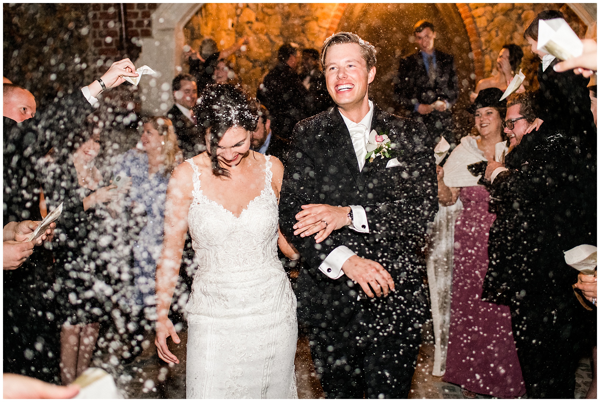 Fake snow send off. grand exit at dover hall. by richmond rva wedding photographer, sarah & dave photography