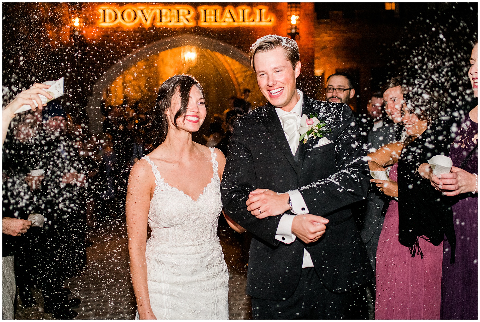 Fake snow send off. grand exit at dover hall. by richmond rva wedding photographer, sarah & dave photography