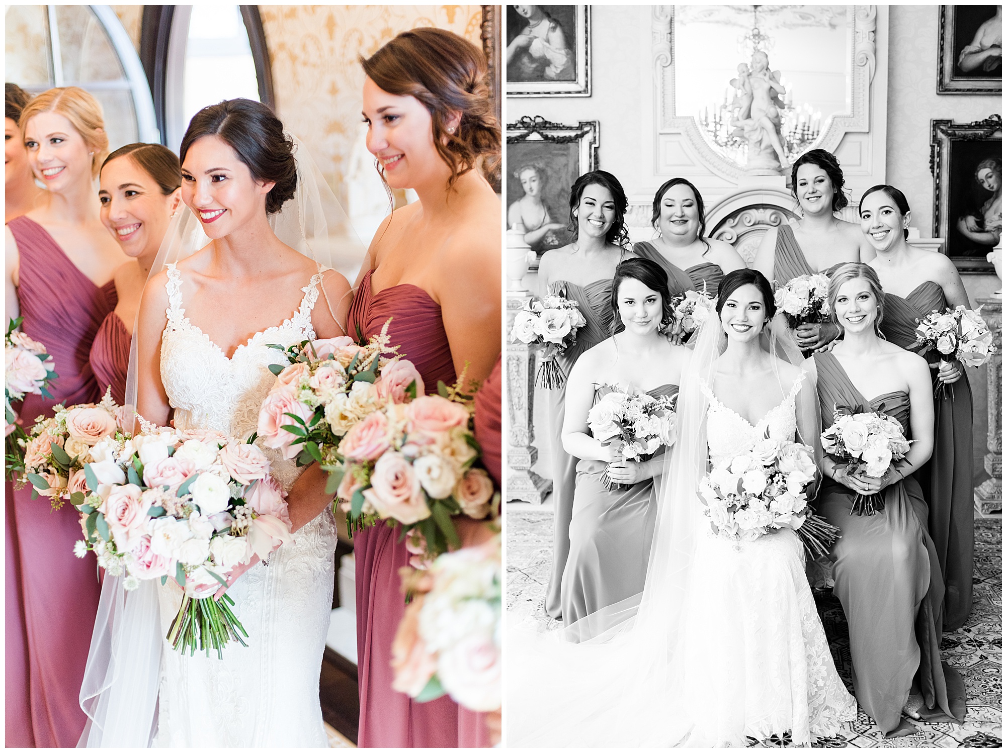 bride and wedding party photo indoors at dover hall estate in rva in january. winter. by richmond va wedding photographer, sarah & dave photography