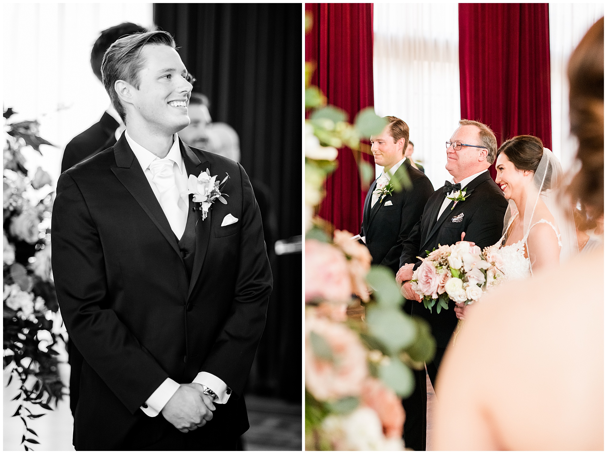 wedding ceremony in the ballroom at dover hall. groom watching bride walking down the aisle. by richmond rva wedding photographer, sarah & dave photography.