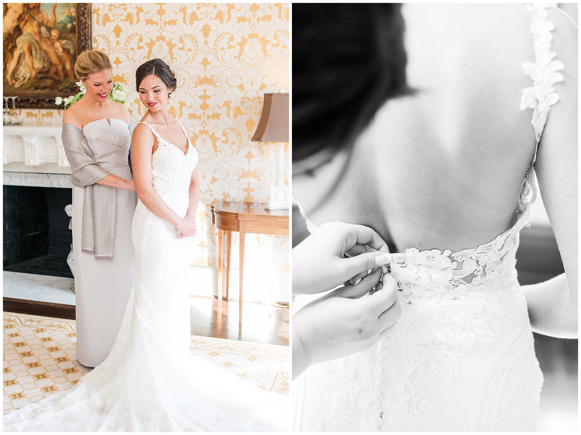 bride getting ready with mom and bridesmaid in bridal suite at dover hall estate. prewedding day detail photo. by richmond va wedding photographer, sarah & dave photography