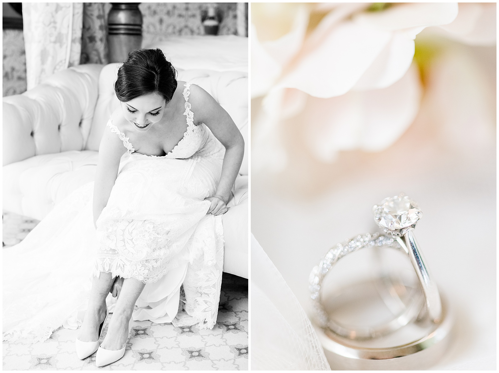 bride getting ready and wedding ring set with flowers. side by side photos. prewedding day detail photo. by richmond va wedding photographer, sarah & dave photography