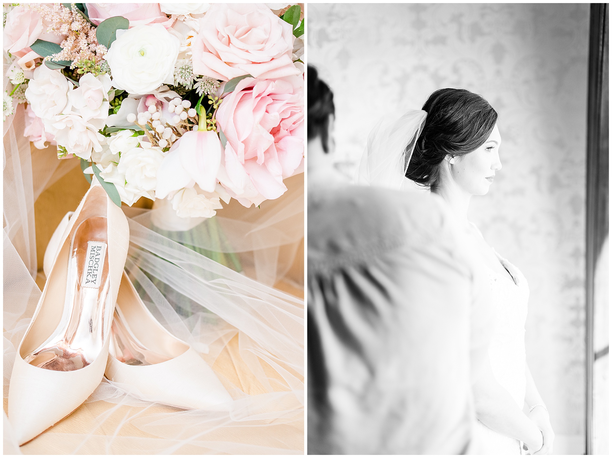 bride getting ready and wedding heels with flower bouquet. side by side photos. prewedding day detail photo. by richmond va wedding photographer, sarah & dave photography