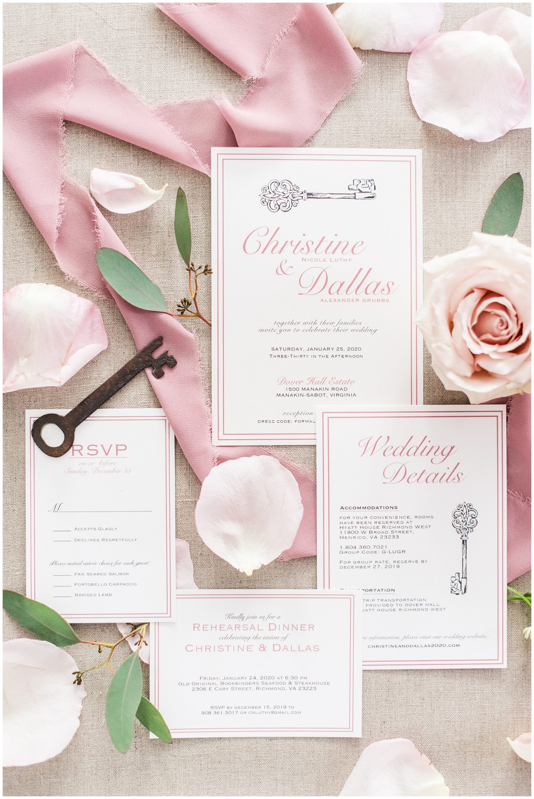 wedding invites with pink, cream and sage wedding colors. vintage key. prewedding day detail photo. by richmond va wedding photographer, sarah & dave photography